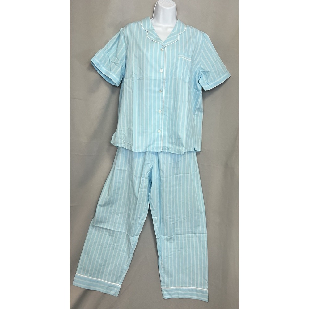 New National Womens 2 Piece Pajama Set Size Petite Large Blue White Stripe New